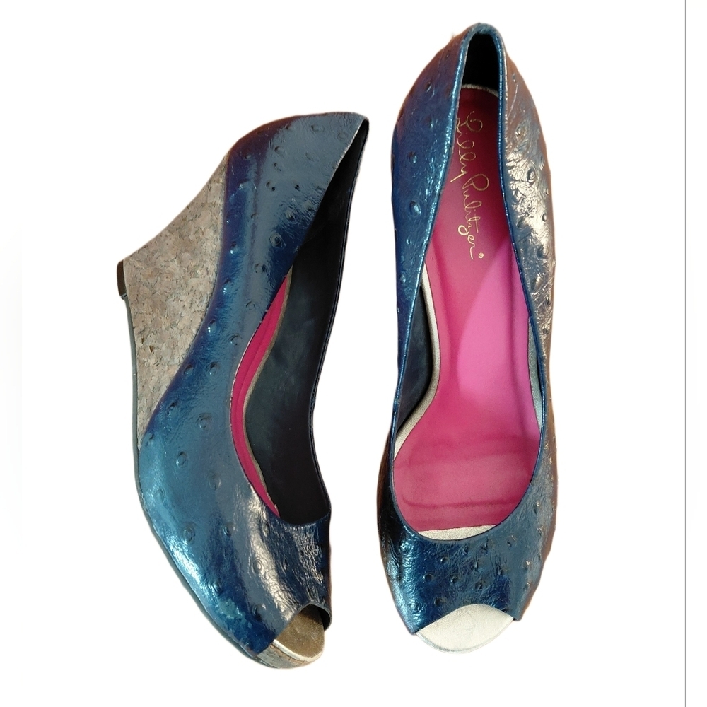 Lilly Pulitzee Blue Leather Peep Toe Ostrich Wedge Women’s Shoes Size 8.5 M